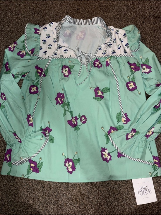 Tops - Floral Tie-Neck Peasant Blouse - Mint with Purple Flowers